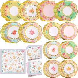 Skybooly 72 Pcs Tea Party Decorations Tableware for 24 Guests Tea Party Plates and Napkins Sets Disposable Decor Dinnerware for Bridal Baby Shower Wedding