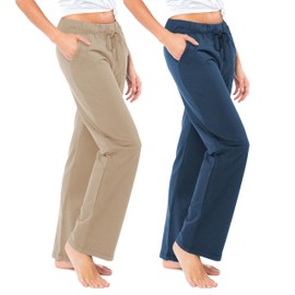 Sexy Basics Women's 2 Pack Ultra Soft French Terry Cotton Drawstring Yoga Lounge Long Pants (2 Pack- Warm Sand/Sailor Blue, X-Large)