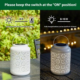 Glitzhome Solar Lantern White Metal Cutout Flower Outdoor Hanging Solar Light with Handle for Garden Patio Yard Outdoor Decor