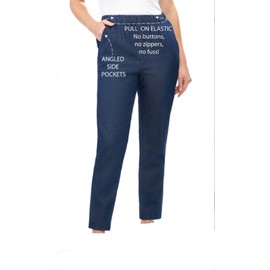 EOM Women's Pants with Elastic Waist - Pull On Jeans with Side Pockets - Machine Washable Soft and Comfy High Rise Elastic Pants for Women (Indigo, S)