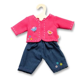 Heless 1504 - Bekleidungs-Set für Puppen, 2-teilig mit Strickjacke und Jeans, in den Farbvarianten Blau oder Pink, 1 von 2 Designs (zufällige Auswahl), Größe 28 - 35 cm