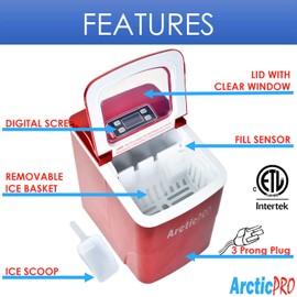 PORTABLE DIGITAL ICE MAKER MACHINE by Arctic-Pro with Ice Scoop, First Ice in 6-8 Minutes, 26 Pounds Daily, Great for Kitchens, Tailgating, Bars, Parties, Small/Large Cubes, Red, 11.5x8.7x12.5 Inches