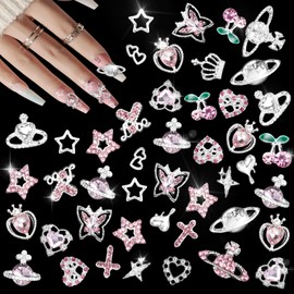 100 PCS 20 Styles Silver Nail Charms, Heart Cherry Nail Art Jewelry 3D Butterfly Nail Gems Charms for Nails, Metal Saturn Crown Star Nail Alloy Charms Nail Art Design Accessories DIY