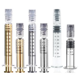 10PCS Borosilicate Glass Syringe Nozzle Adapter with Metal Plunger, Anti-Leak Luer Lock Connector Design Accurate Measuring for for Thick Liquid, Glue, Oil Ink Vet Pet Feeding Tube for Industry Labtoratory Professionals Home Use (1ml_Golden-10pcs)