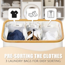 Laundry Basket with Lid, 145L Extra Large Laundry Hamper 3 Section Dirty Clothes Hampers for Laundry Divided Laundry Basket Organizer for Bedroom,Laundry Room,Dirty Clothing Hamper,Beige