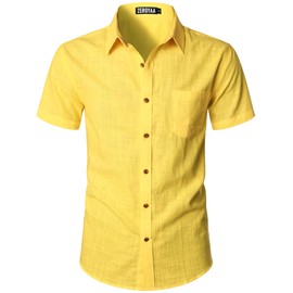 ZEROYAA Men's Fitted Cotton Linen Casual Short Sleeve Button Up Shirts Lightweight Beach Tops with Pocket Brignt Yellow Large