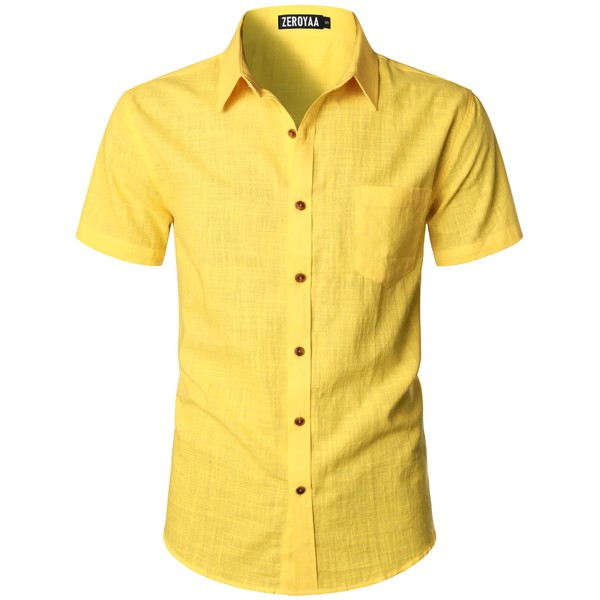 ZEROYAA Men's Fitted Cotton Linen Casual Short Sleeve Button Up
