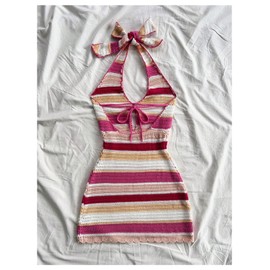 SOLY HUX Women's Striped Bodycon Halter Dress Sleeveless Cut Out Backless Beach Vacation Mini Knit Dresses Multicolor Striped Small