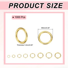 PATIKIL Open Jump Rings, 1000 Pcs 9mm Round Ring Charm Loops Connector for Jewelry Making Supplies DIY Craft Keychains Necklaces Earrings, Gold Tone