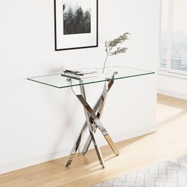 NIERN Tempered Glass Console Table with Chromed Legs, Modern Narrow Sofa Table for Hallway Entryway (Sliver, 39"x18"x30")