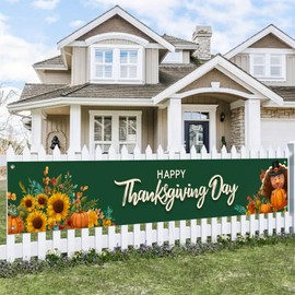 BlissYard Thanksgiving Banner Happy Thanksgiving Day Backdrop Sunflowers Pumpkins Turkey 118x20 inches Autumn Harvest Decor Party Supplies Wall Hanging Banner Photo Backdrop Decor