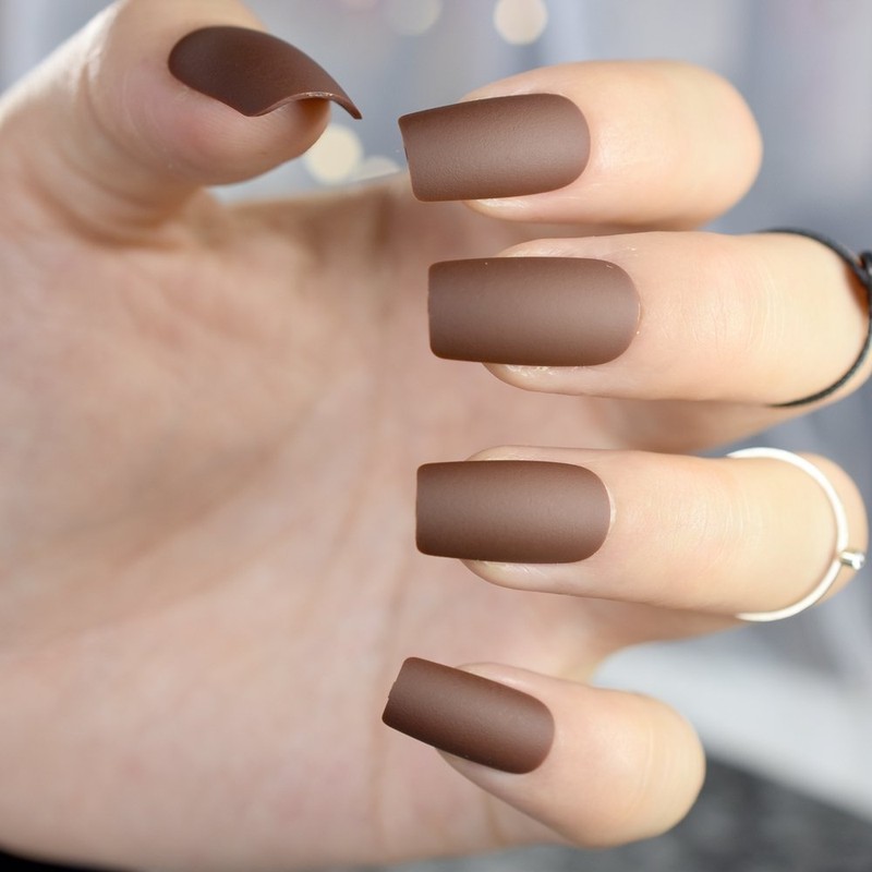 CoolNail Matte Coffee Brown Square Head False Nails Middle-long Full