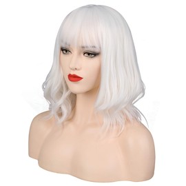OKVGO Short Curly Bob Wig with Wig Cap for Women Cosplay Party and Daily Use White