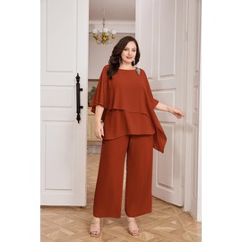 Hanna Nikole Mother of The Bride Pant Suits for Wedding Plus Size Chiffon Cocktail Pant Suit Sets Rust Red 14 Plus
