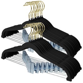 Stormix Pants Hangers, 24 Pack Vevlt Skirt Hanger with Clips, Non-Slip Coat Hangers, Heavy-Duty Clothes Hangers for Shorts, Pants, Skirts, Dresses, Jackets, Coat Black (Gold Hook)