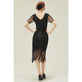 BABEYOND 1920s Art Deco Fringed Sequin Dress 20s Flapper Dress Gatsby Costume Dress Black