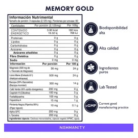 Botella Memory Gold Con Cognizin Y Lions Mane Newmanity 180 Caps Sin Sabor