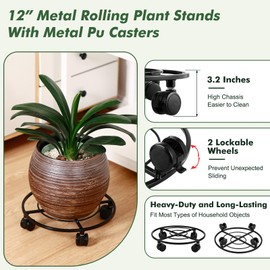 6 Packs Large Metal Plant Caddy 12" Heavy-duty Plant Dolly with PU Wheels Wrought Iron Rolling Plant Stand with Casters Indoor Outdoor Plant Pot Movers Planter Rollers Coaster Trolley, Black