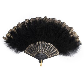 Framendino, Feather Fan Embroidered Flower Marabou Feather Hand Fan Folding Fan for 20s Women Costume Party Dancing Decoration