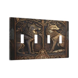 Medieval Of Two Wolves 4 Gang Decorative light switch plate Quad Toggle Wall Plate Covers Switchplate Electrical Faceplate for Bedroom Bathroom Kitchen Decor