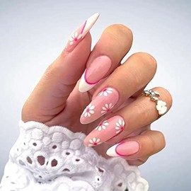 Autumn French Tip Press on Nails White Short Almond Fake Nails Pink Gerbera Nail Full Coverage Stick on Nails Artificial Glue on Nails Tips Finger Manicure for Women and Girls 24Pcs