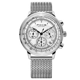 FEICE FS303 Men's Wrist Watch with Japanese Quartz Movement Leather Strap Water Resistant Date Multifuntion Display Retro Watch-Silver
