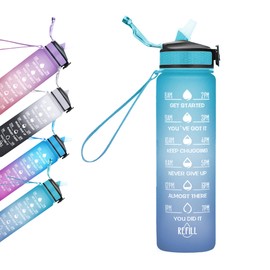 Drinking Bottle 1 Litre, BPA-Free Tritan Water Bottle with Straw, Sports Water Bottle with Time Marking for Fitness, School, Yoga, Outdoor