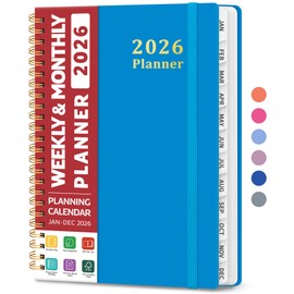 2026 Planner, Weekly and Monthly Planner, January 2026 - December 2026, Hardcover 2026 Calendar Planner Book with Tabs For Women & Men, Inner Pocket, Spiral Bound, Perfect for Office Home School Supplies - A5 (6.3" x 8.5"), Azure Blue