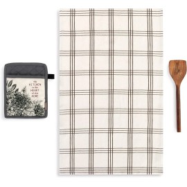 Demdaco Black Floral Hot Pad Tea Towel Wood Spatula Set Kitchen Christmas Shower Gift