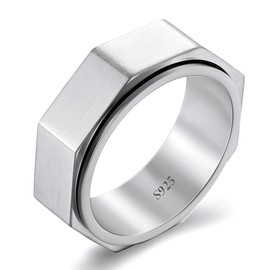 LYTTMAB Sterling S925 Silver Hexagon Ring for Men, Man's 8MM Spinner Fidget Anxiety Ring Size 12