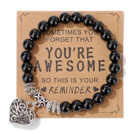Natural Stone Inspirational Heart Shape Bracelet Gifts for Women You’re Awesome Crystal Beaded Adjustable Bracelet With Message Card Christmas Birthday Mother's Day Graduation Gifts Wristbands-Black