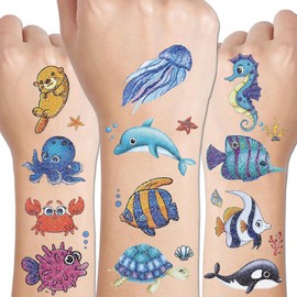 CHARLENT 120 Glitter Styles, Temporary Underwater Tattoos for Party Supplies for Kids - Sea Animal Tattoos for Boys and Girls, Ocean Birthday Party Gifts, Goodie Bag Fillers