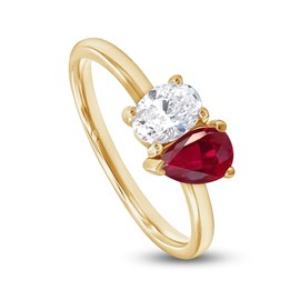 Toi Et Moi Engagement Rings for Women, Pear Shape Ruby Lab Grown Gemstone & Oval Lab Created Moissanite Diamond 2-Stone Solitaire Promise Ring In 14K Yellow Gold Over Sterling Silver-8