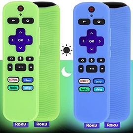 [2 Pack] Remote Cover (Glow in The Dark) Compatible with Roku Voice Remote, Pinowu Anti Slip Silicone Cover Compatible with Roku Players and Roku TVS Voice Remote (Green and Blue)