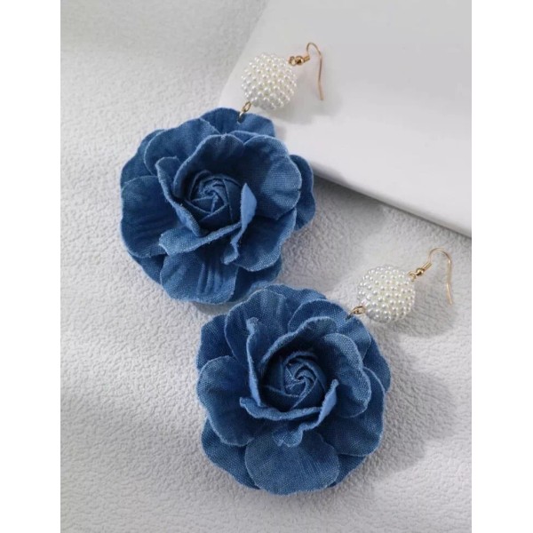 For Women Rose Blue Flower Bead Denim Fashionable Statement Earrings