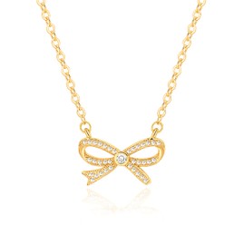 Aobei Pearl Dainty CZ Pave Bow Pendant Necklace 18K Gold Chain Choker Necklace for Women Adjustable Layering Jewelry 16’’