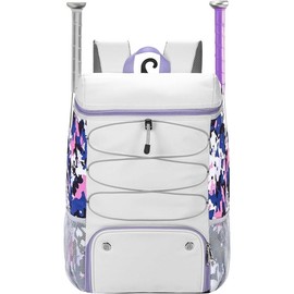 Softball bag for youth adult, sturdy leather baseball bat backpack with shoe compartment, waterproof baseball bag with fence hook for tball bat & equipment - Color: WhiteCamouflage, Size: Default