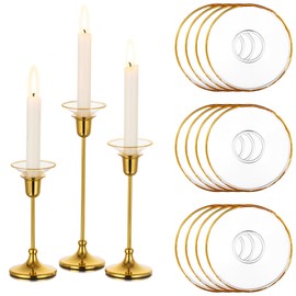 Glasseam Candle Drip Protectors for Candle Stick Candle Holder, Gold Rim Glass Bobeches for Candlesticks Set of 12, Round Wax Catchers for Candles, Taper Candle Holders for Table Centerpiece Wedding