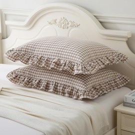 Aryeleay 2 Pack Taupe White Plaid Gingham Ruffle Pillow Shams Standard Size 26x20 inches, 100% Washed Cotton Checkered Farmhouse Pillow Covers for Bed/Sofa (20x26 inches,Taupe/White Plaid)