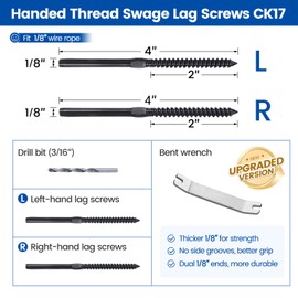 Muzata 20 Pack 1/8" Black Cable Railing Hardware Kit Swage Lag Screws Left and Right Handed Thread for Wood Post T316 Stainless Steel Deck Cable Railing System 10 Pairs CK17