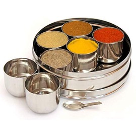 ARTISENIA Mother's Day Gifts Stainless Steel Spice Container Masala Box 7 Containers and 2 Small Spoon Masala Box Indian Masala Dabba With Size 9 X 9 Inches