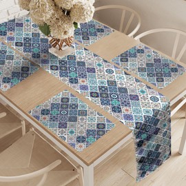 ABAKUHAUS Traditional Table Runner & 4 Piece Place Mats, Portuguese Historical Azulejo Mosaic Tiles Moroccan Ceramic Motif, Table Decoration Set, 180 x 40 cm, Light Blue White