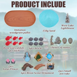WEBEEDY Japanese Relax Desktop Zen Garden Kit for Desk,12x6.5Inch Mini Zen Sandbox Decor with Fish Lotus Ornaments & Tools Relaxation and Meditation Accessories for Home & Office,30.6x16.5 cm