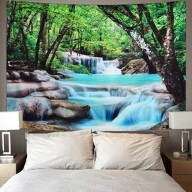 Pknoclan Forest Tapestry, Stream Pattern Wall Hanging Tapestry, Forest Cascade Tapestry, Nature Scenery Cloth Poster, Tree, Forest Waterfall, 82.7 x 59.1 inches (210 x 150 cm), Large Wall Hanging,