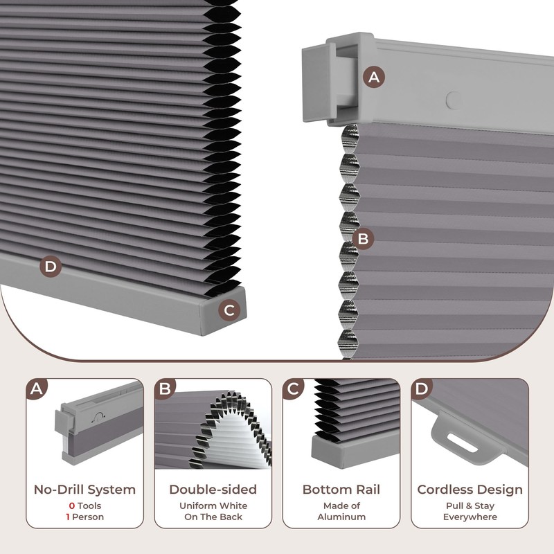 Allesin Zen No Drill Blinds for Windows Blackout Cordless Cellular