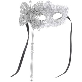 jojofuny Masquerade Mask with Stick Butterfly Mask for Women, Venetian Masks for Costume Party Hand Mask Headgear Make up Miss Plastic Mardi Gras Costume, Silver