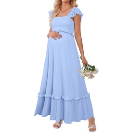 OUGES Womens 2025 Summer Maternity Baby Shower Dress Casual Boho Maxi Smocked Maternity Photoshoot Dresses Ruffle Sleeve Square Neck Gender Reveal Dress Pregnancy Must Have Clothes (Sky Blue,L)