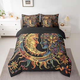 Feelyou Sun and Moon Comforter Set Queen Size 7 Pieces Comforters Bohemian Occult Bedding Set Cosmic Planets Sun Face Bed Set Bed in a Bag with Comforter, Sheets, Pillowcases & Cushion Covers