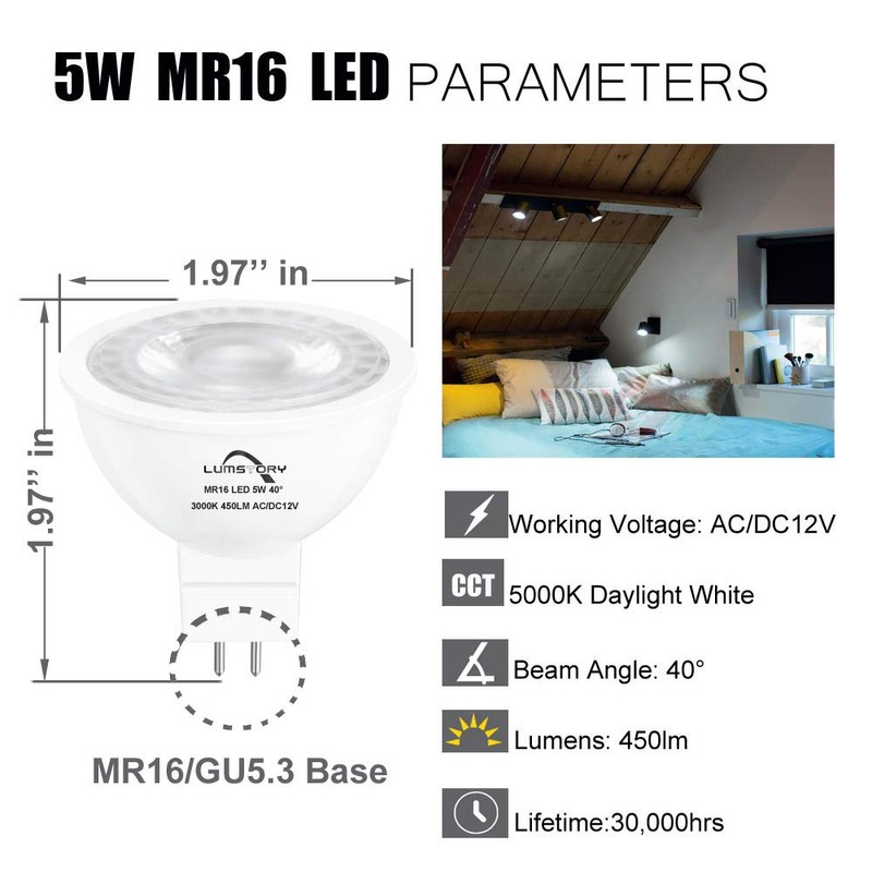 LumStory MR16 LED Bulb 5000K Daylight 12V GU5.3 Bipin Base