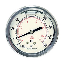 2" Oil Filled Vacuum Pressure Gauge - Stainless Steel Case, Brass, 1/4" NPT, Center Back Mount Connection, 30HG/160PSI